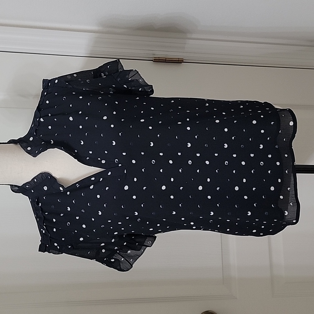 Point Sur Size S Navy Blue / White Spotted Print V-Neck Ruffle Blouse, EUC